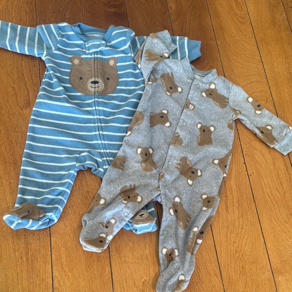 Bundle: Two infant Sleepers, Blue and Gray Bear Fleece Kids One Pieces